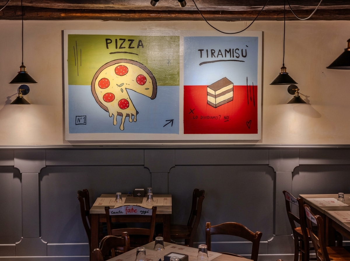 Illustrazioni artigianali di pizza e tiramisù nella sala